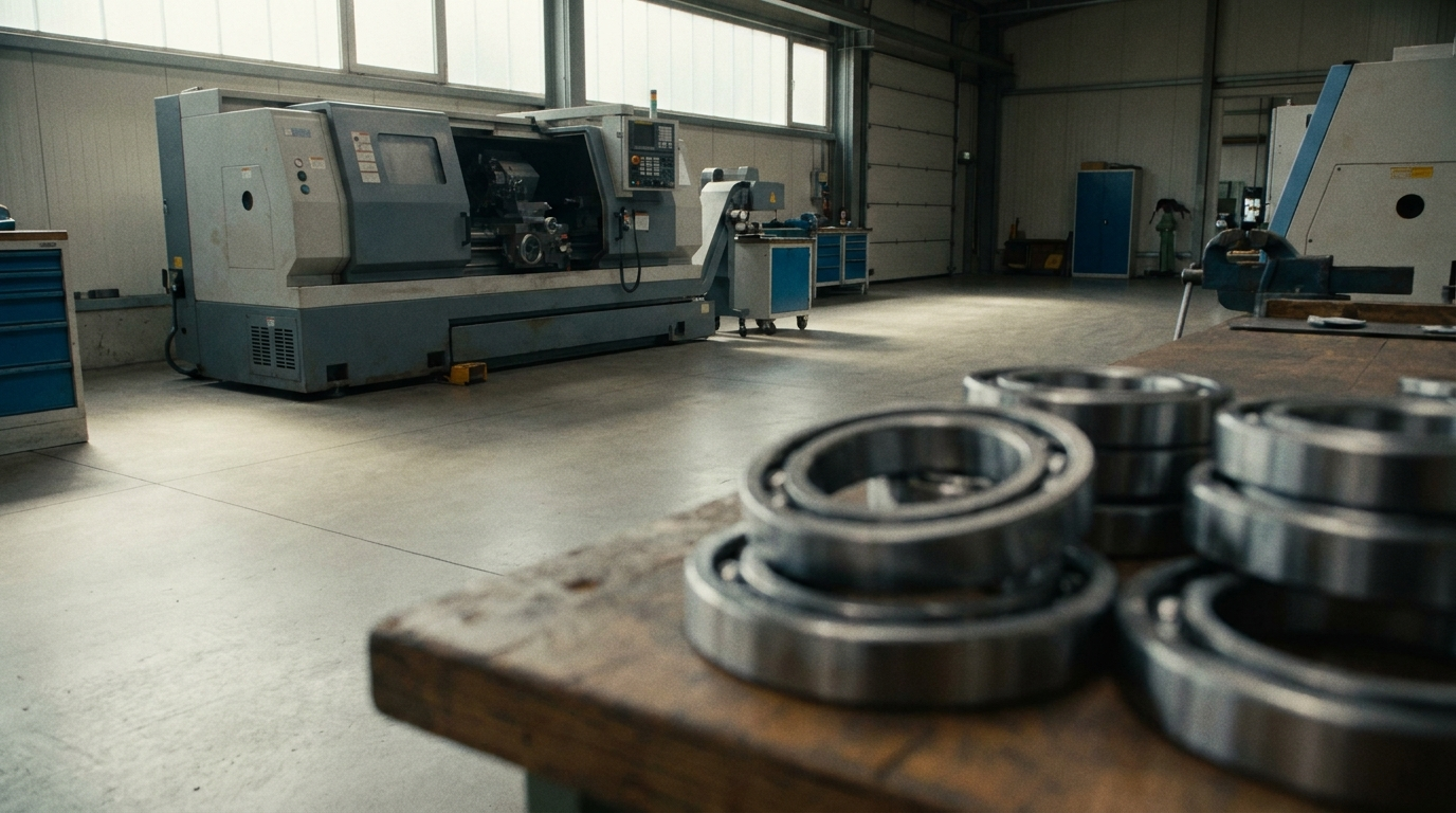Interno officina di torneria di precisione: tornio CNC sullo sfondo, anelli di cuscinetto torniti impilati su un banco di lavoro in primo piano, luce pomeridiana da finestra industriale